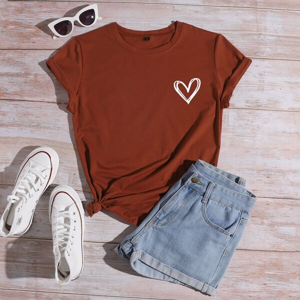 

Heart Print Crew Neck Tee, Redwood