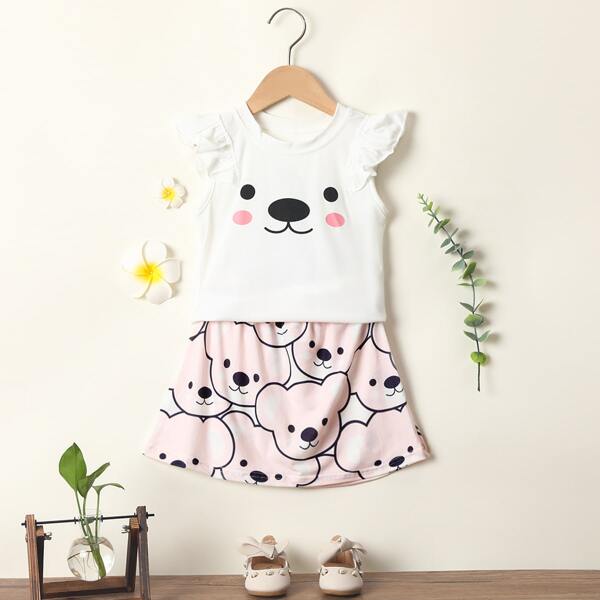 

Toddler Girls Cartoon Graphic Ruffle Trim Tee & Skirt, Multicolor