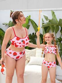 Tween Girl 草莓印花多层比基尼套装 夏日海滩 - 彩色 - 查看 3