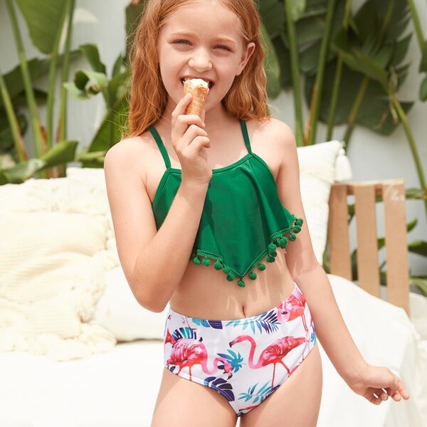 

Girls Random Flamingo Print Pom-Pom Bikini Swimsuit, Multicolor