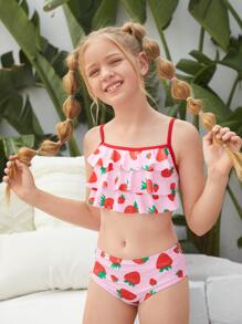 Tween Girl 草莓印花多层比基尼套装 夏日海滩 - 彩色 - 查看 5