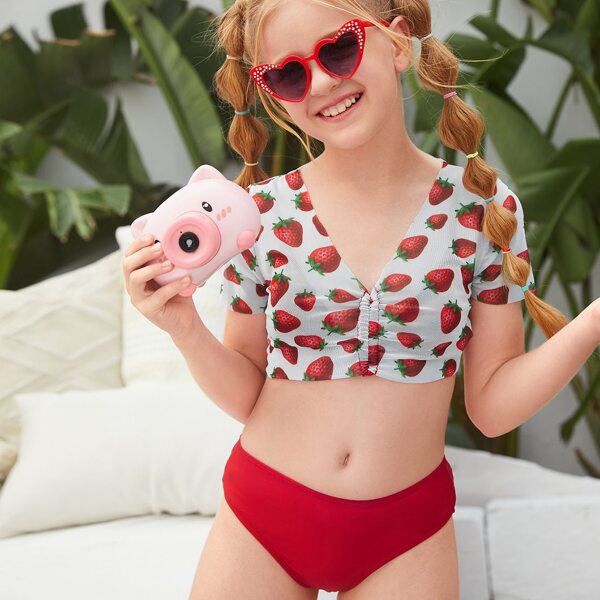 

3pack Girls Bikini Swimsuit & Strawberry Print Cover Up, Red