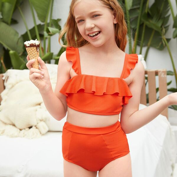 

Girls Rib Ruffle Trim Bikini Swimsuit, Burnt orange