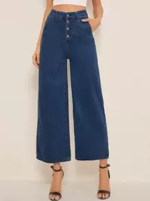 High Waisted Wide Leg Crop Jeans - Dark Wash - View 1