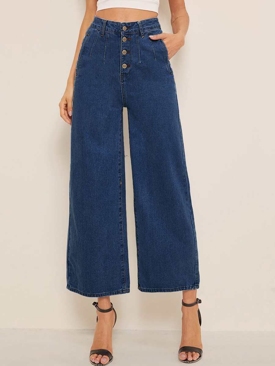 High Waisted Wide Leg Crop Jeans - Dark Wash - View 1