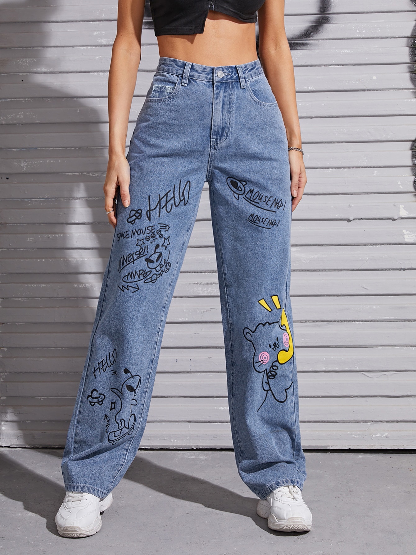 Es Esto Lo Nuevo de Jeans de pierna recta con estampado de dibujos animados  de cintura alta ?? | ROMWE