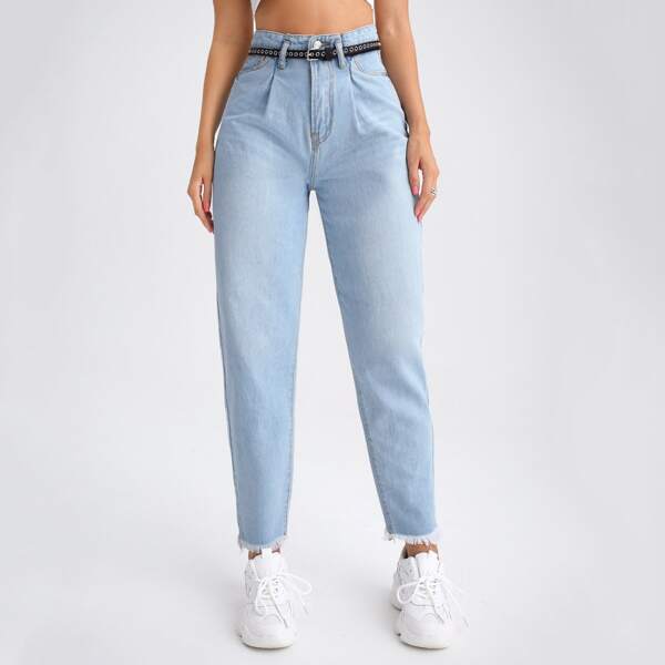 

Cat Whisker Raw Hem Mom Jeans Without Belt, Light wash