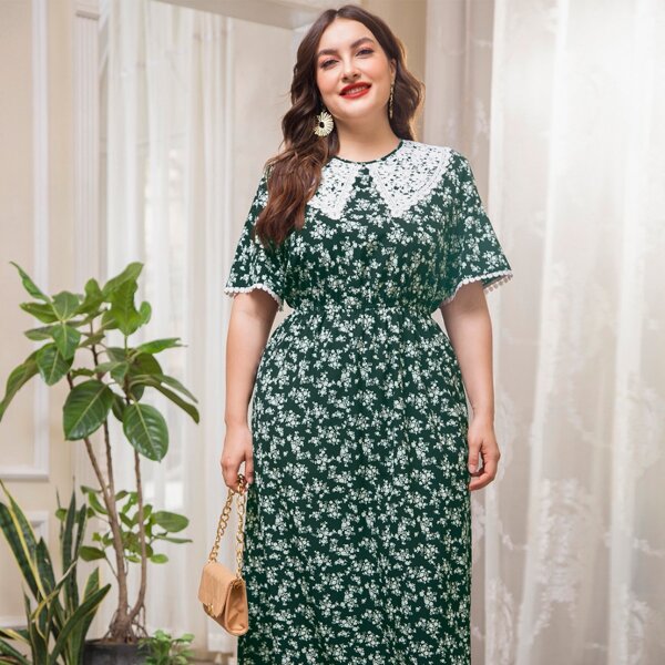 

Plus Peter Pan Collar Ditsy Floral A-line Dress, Dark green