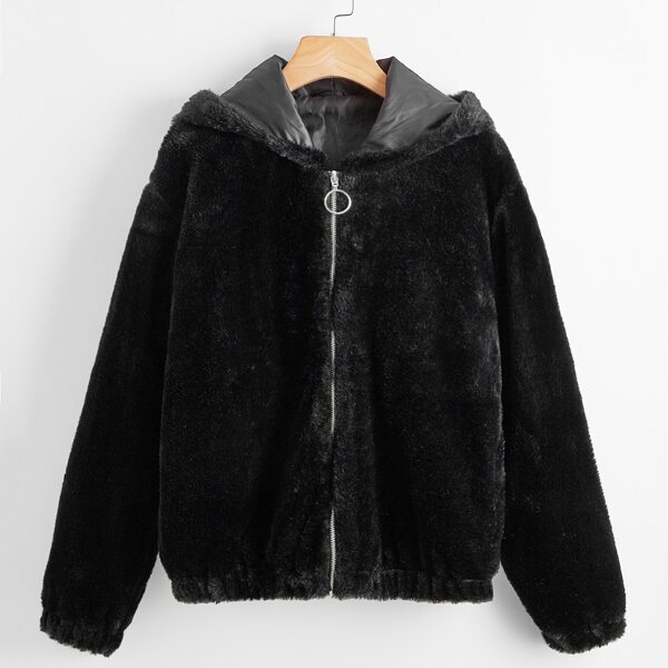 

O-ring Zip Up Hooded Teddy Jacket, Black