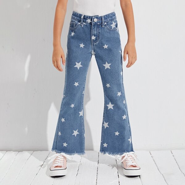

Girls Star Print Raw Hem Flare Leg Jeans, Medium wash