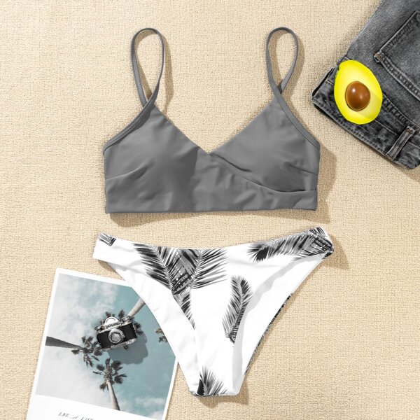 

Tropical Random Print Bikini Swimsuit, Grey