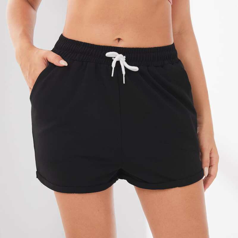 

Drawstring Waist Slant Pocket Sports Shorts, Black