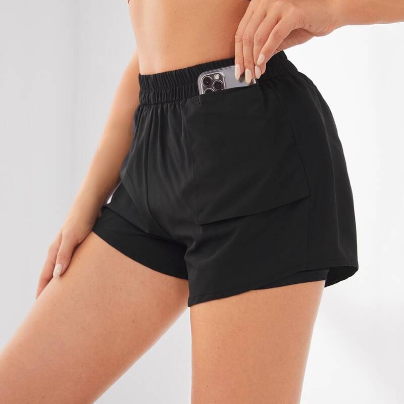 

2 In 1 Solid Sports Shorts With Phone Pocket, Black