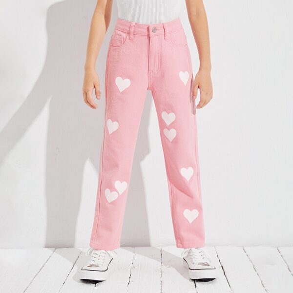 

Girls Zipper Fly Heart Print Jeans, Baby pink