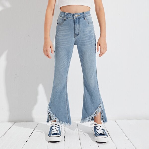 

Girls Zipper Fly Raw Hem Flare Leg Jeans, Light wash