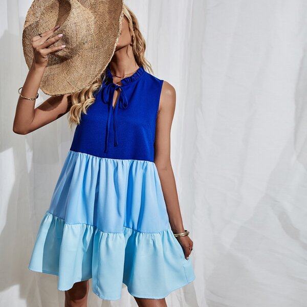 

Tie Neck Ruffle Hem Smock Dress, Blue