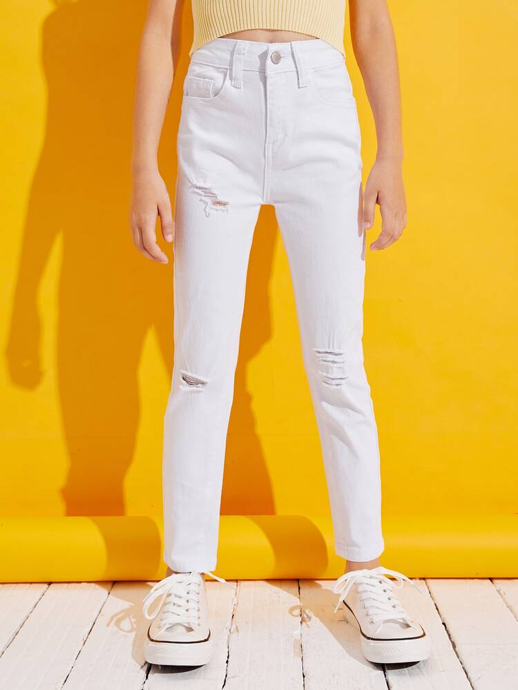 SHEIN Girls Zipper Fly Ripped Detail Jeans - White - View 1