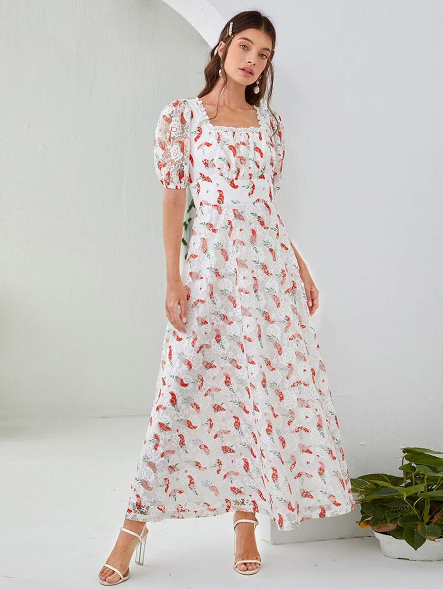 Mulvari 滿版辣椒圖案泡泡袖腰帶蕾絲洋裝