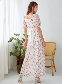 Mulvari 滿版辣椒圖案泡泡袖腰帶蕾絲洋裝