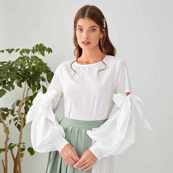 

Knot Lantern Sleeve Solid Top, White