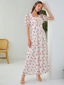 Mulvari 滿版辣椒圖案泡泡袖腰帶蕾絲洋裝