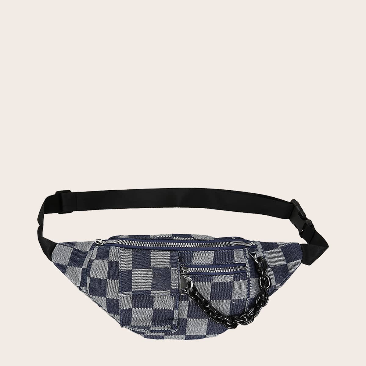 

Guys Gingham Pattern Chain Decor Fanny Pack, Navy blue