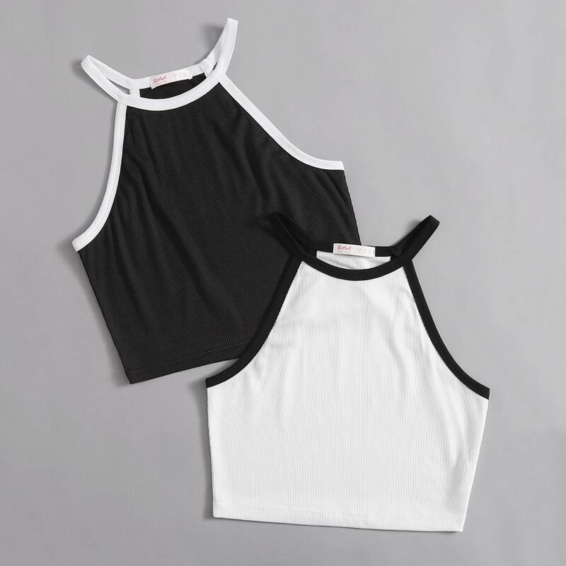

2pcs Ribbed Halter Top, Black and white
