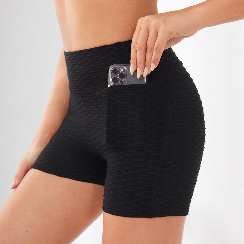 

Wide Band Waist Sports Shorts & Phone Pocket, Black