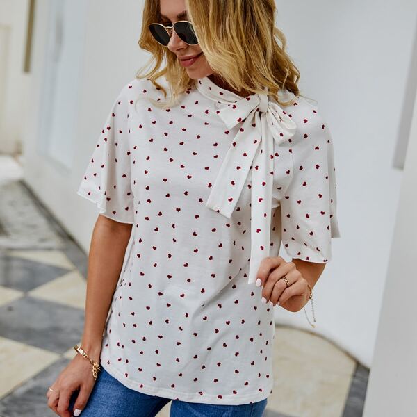 

Confetti Heart Print Tie Neck Tee, White