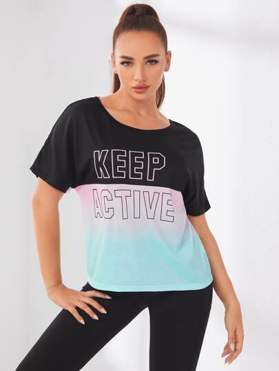 Color-block Slogan Graphic Sports Tee