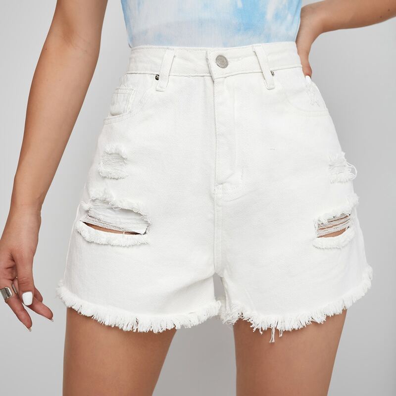 

Ripped Raw Hem Denim Shorts, White