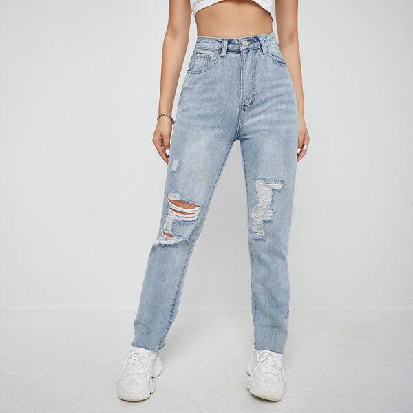 

High-Waisted Ripped Straight Leg Jeans, Light wash