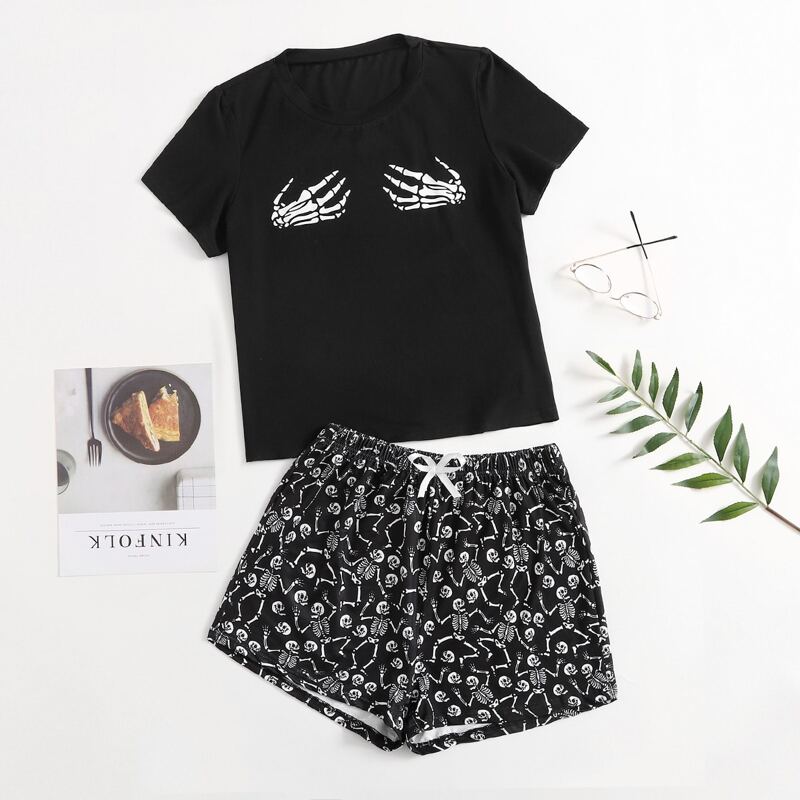

Skeleton Print Pajama Set, Black