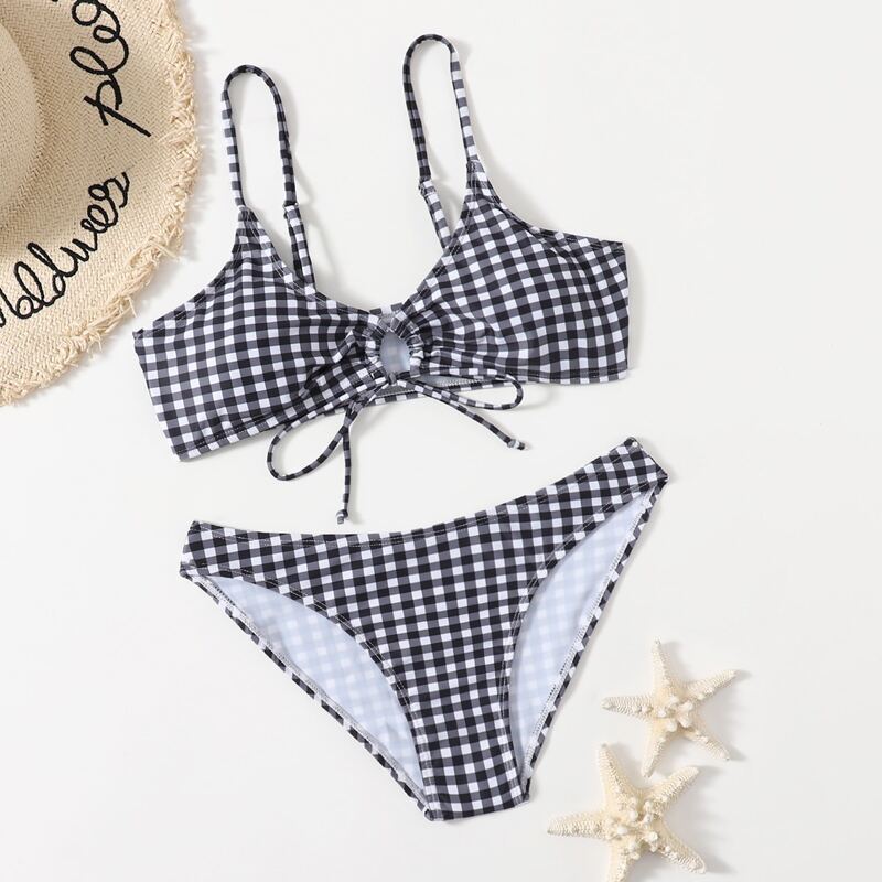 

Gingham Print Bikini Swimsuit, Black and white