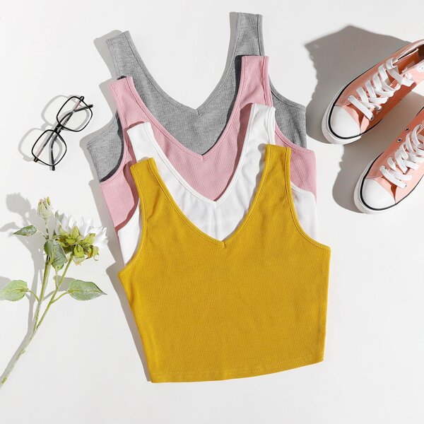 

4pcs Rib-knit Crop Tank Top, Multicolor