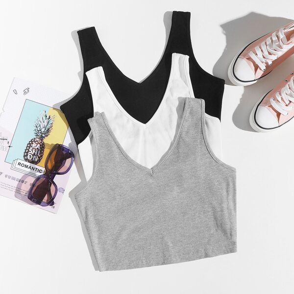 

3pcs Rib-knit Crop Tank Top, Multicolor