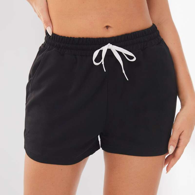 

Drawstring Waist Slant Pocket Sports Shorts, Black
