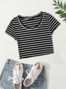 Camiseta corta de cuello redondo de rayas - Negro - Ver 1