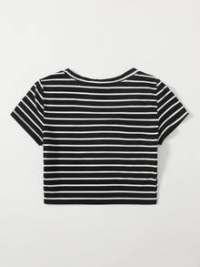 Camiseta corta de cuello redondo de rayas - Negro - Ver 2