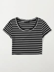 Camiseta corta de cuello redondo de rayas - Negro - Ver 3