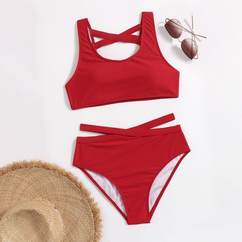 

Solid Criss Cross Bikini Swimsuit, Red