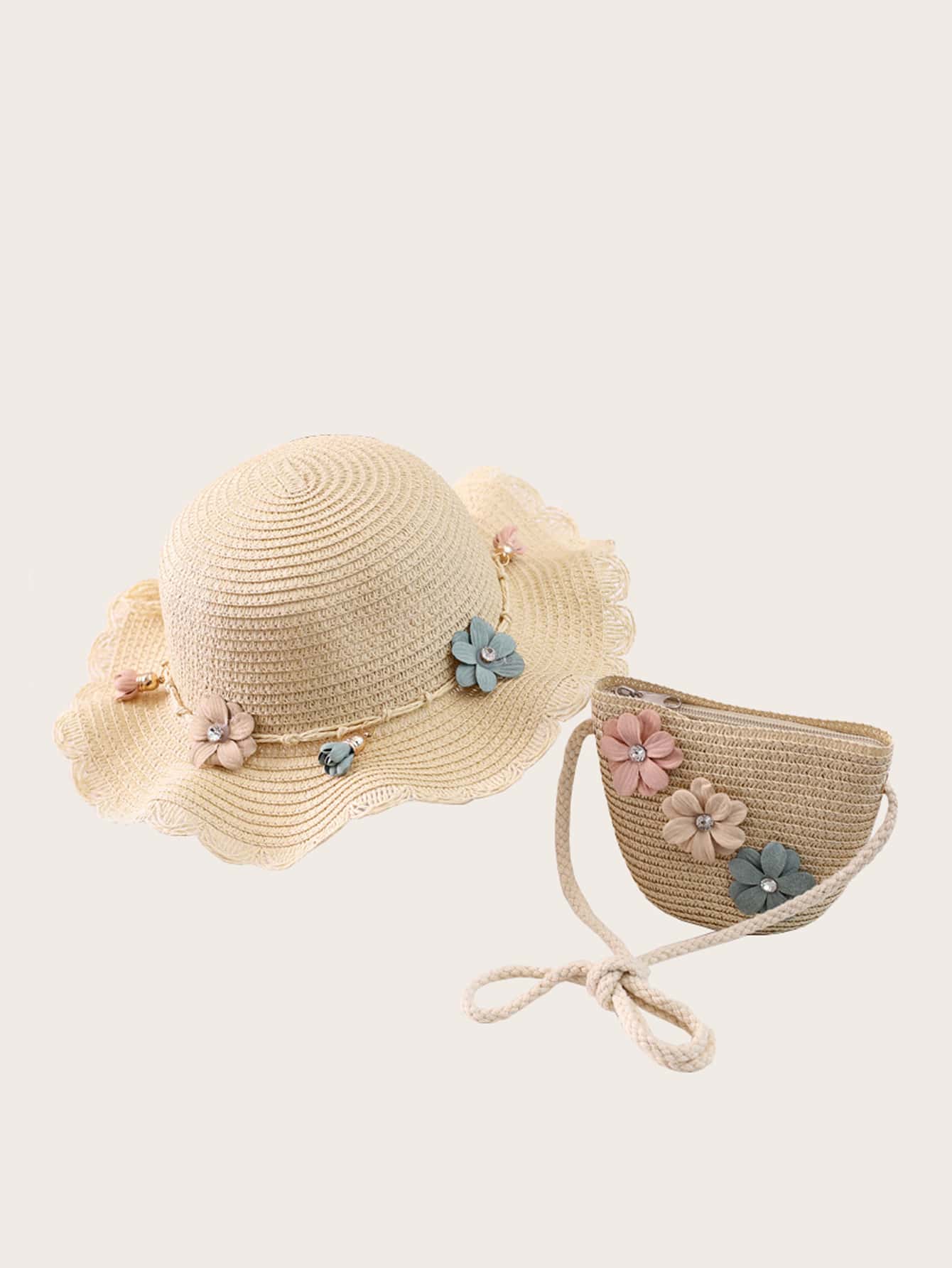Sombrero de paja de niñas con flor con bolso - Beis - Ver 1