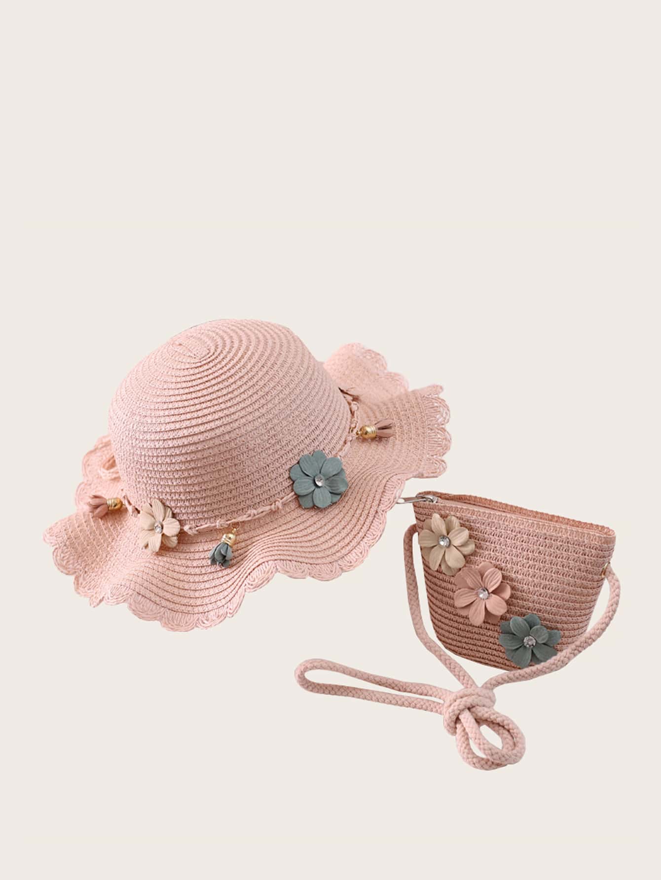 Sombrero de paja de niñas con flor con bolso - Rosa - Ver 1