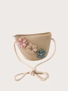 Sombrero de paja de niñas con flor con bolso - Beis - Ver 3