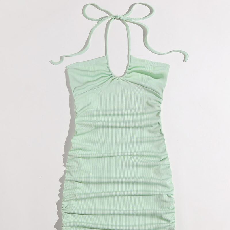 

Solid Drawstring Ribbed Bodycon Dress, Mint green