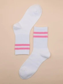 Striped Print Crew Socks, Fall - Pink - View 2