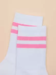 Striped Print Crew Socks, Fall - Pink - View 4