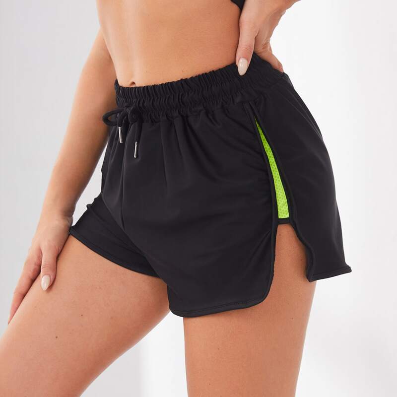 

Contrast Panel Drawstring Sports Shorts, Black