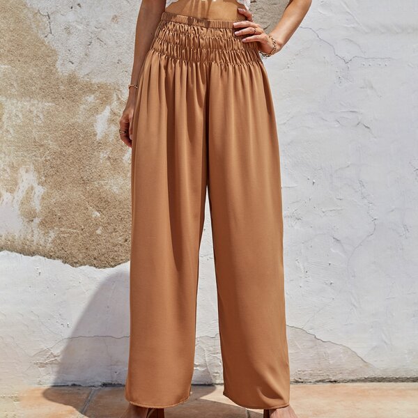 

Shirred Waist Wide Leg Pants, Brown