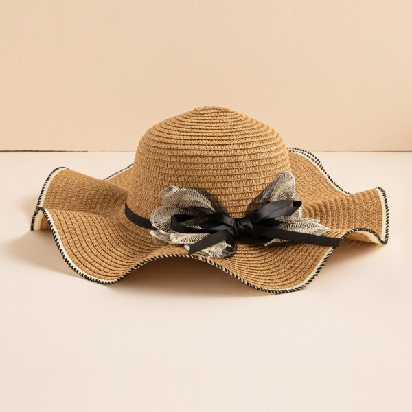 

Bow Knot Decor Straw Hat, Khaki